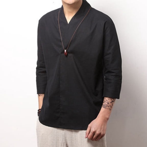 BSDJILFG Mens Linen Shirts , 3/4 Long Sleeve Shirts for Young Men V-Neck Casual Light Weight Tops