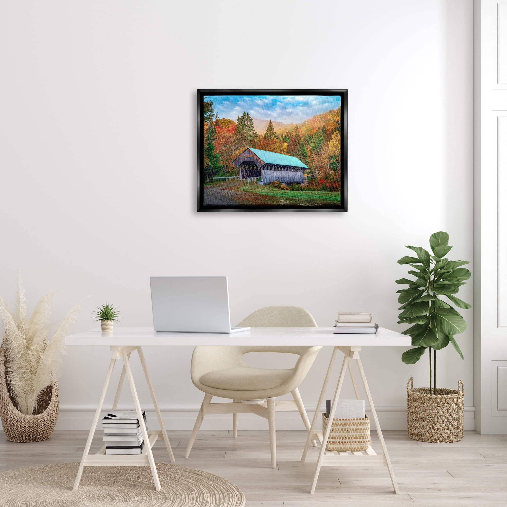 Stupell Woodland Covered Bridge Mountain Foliage Landscape Photography Black Floater Framed Art Print Wall Art