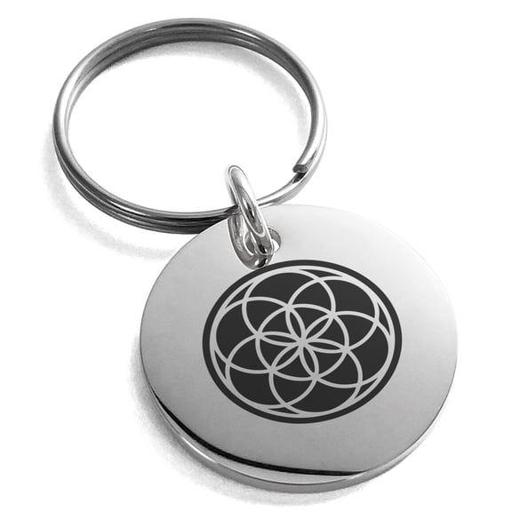 Stainless Steel Seed of Life Engraved Small Medallion Circle Charm Keychain Keyring