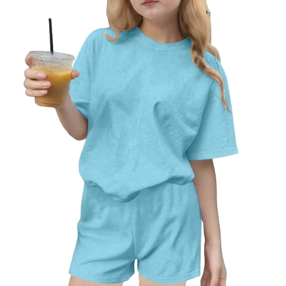CYRBOKO Girls Activewear Outfit Sets, Short Sleeve Casual Crew Neck Elastic Waist Girls Clothing Sets Blue Size 10-12 T