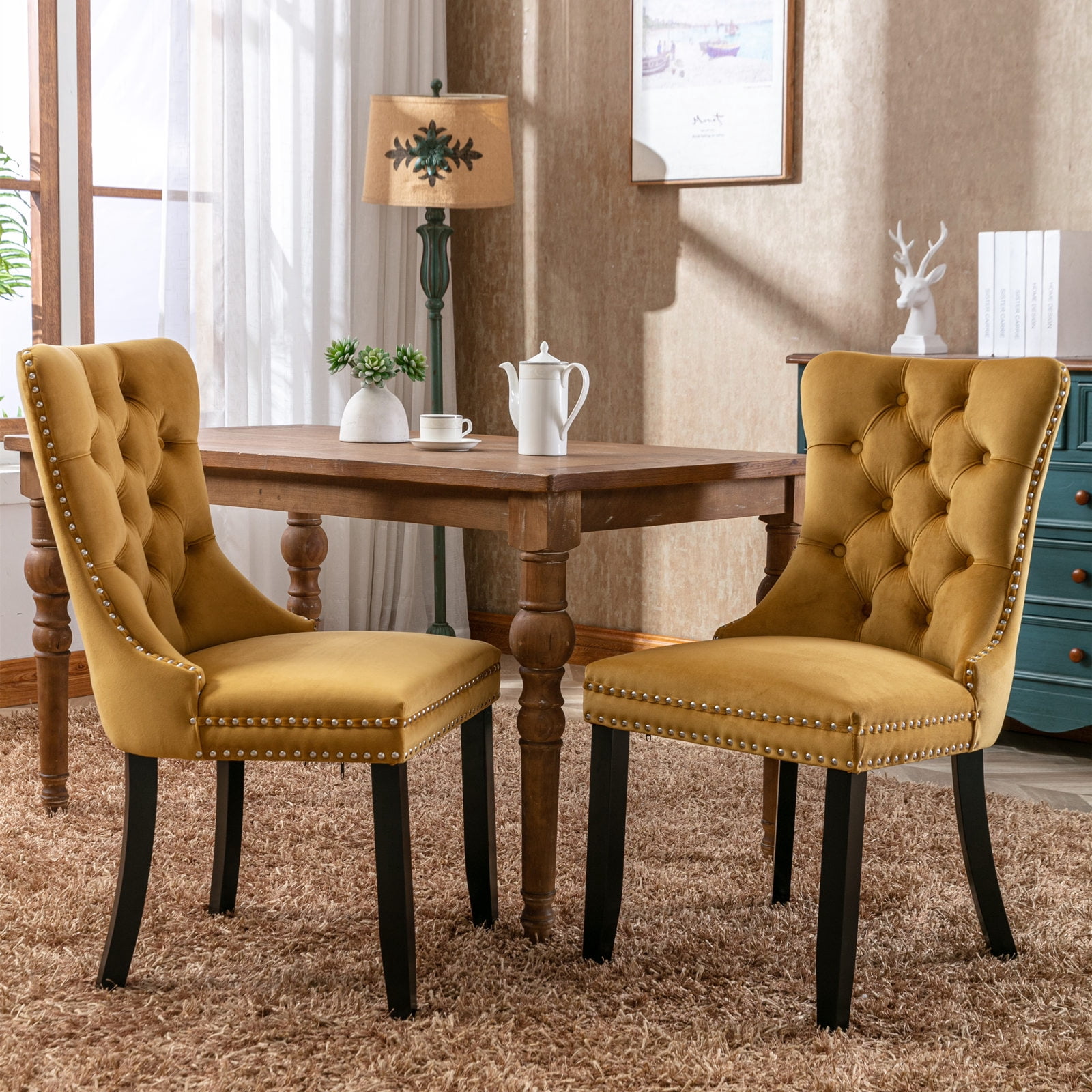 LegaHome Dining Chairs Set of 2, Velvet Upholstered Dining Chair with Nailhead Trim&Solid Wood Legs, Button Padded Dining Chairs Set for Kitchen Dining Room Living Room, Glod