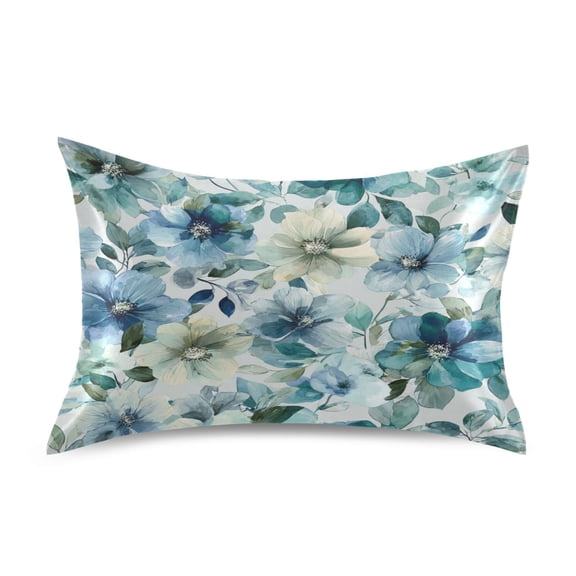 Satin Pillowcase Envelope Closure Pillow Cover Wrinkle-Resistant & Vibrant Print Blue and Green Flowers