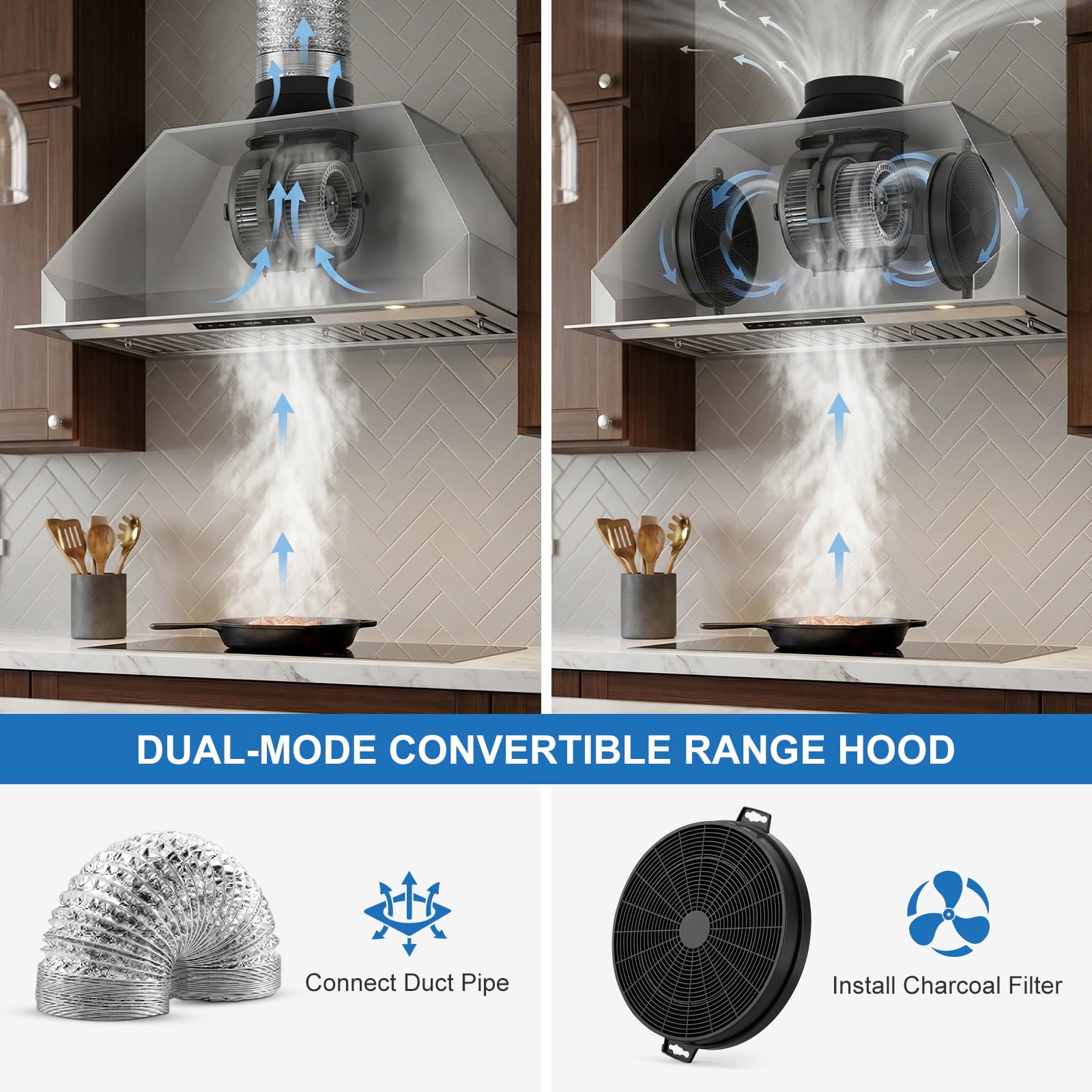 VENFAN 36 Inch Range Hood Insert , 1200 CFM Ultra Quiet Kitchen Vent Hood, Gesture & Touch Control, Ducted/Ductless Convertible, Stainless Steel with Memory Function