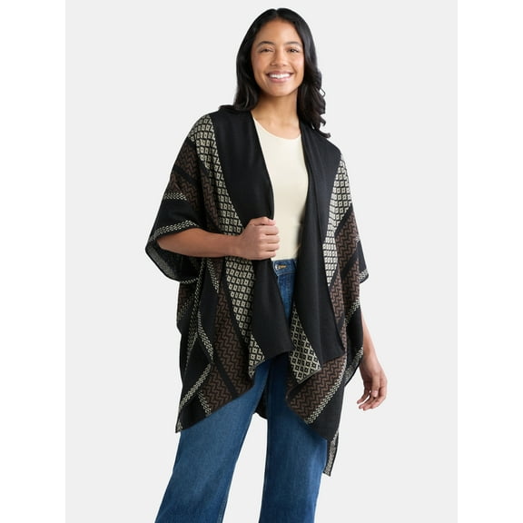Time and Tru Women's Polyester Ruana W/ Stripes, One Size, Black