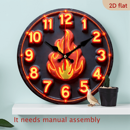 1pc 10Inch Round Wooden Wall Clock Unique Gift Clock with Fire Design Printed Battery Not Inchuded Silent Non-Ticking Movement Living Room Bedroom Bedroom Office Kitchen Christmas, and Hallowe