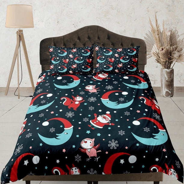 Juego de funda nórdica de luna azul y santa claus, ropa de cama de Navidad &