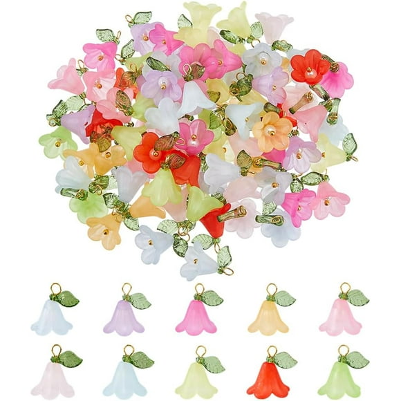 80PCS 10 Colors Lily Flower Charms Colorful Acrylic Lily of The Valley Floral Charms with Shell Pearl Pendant for DIY Necklace Earring Jewelry Crafts Making