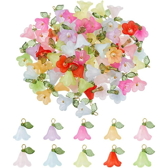 80 piezas de 10 colores de flores de lirio, coloridos dijes florales de lirio de los valles acrílicos con colgante de perla de concha para hacer collares, pendientes, joyas y manualidades.