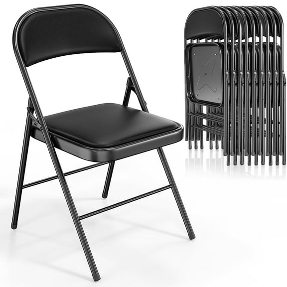 Folding Chairs 10 Pack with Padded Seats, Black PU Leather Chairs with Heavy Duty Metal Frame, 350 lbs Capacity, Comfortable Stackable Chair for Events, Parties, Weddings, Office, Black
