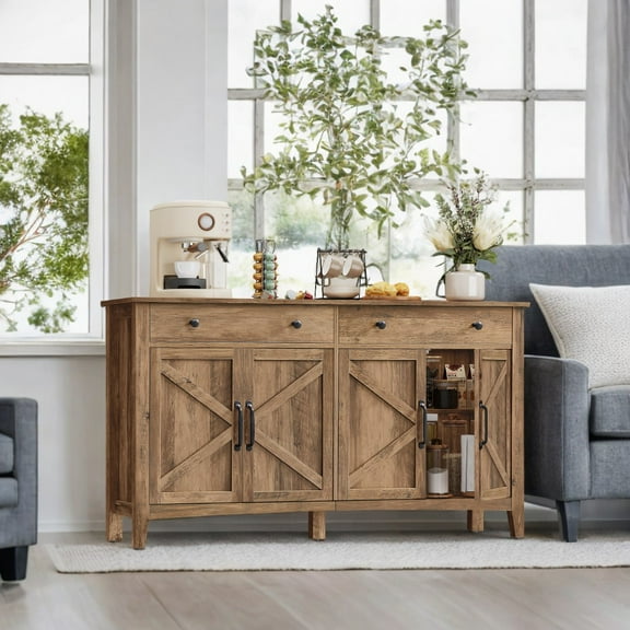 LEDREM Farmhouse Buffet Cabinet - Coffee Bar with 2 Drawers, Adjustable Shelves & Cable Holes, Multipurpose Storage, Honey Brown