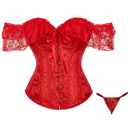 CHCNHAC Corset Lingerie for Women Vintage Satin Lace Up Overbust Corset Floral Pleated Trim Strapless Shapewear Plus Size Boned Halloween Costume Red S