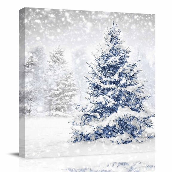 Canvas Print Wall Art Oil Paintings Winter Christmas Blue Tree Picture Prints Artwork for Living Room Kitchen Bathroom Bedroom