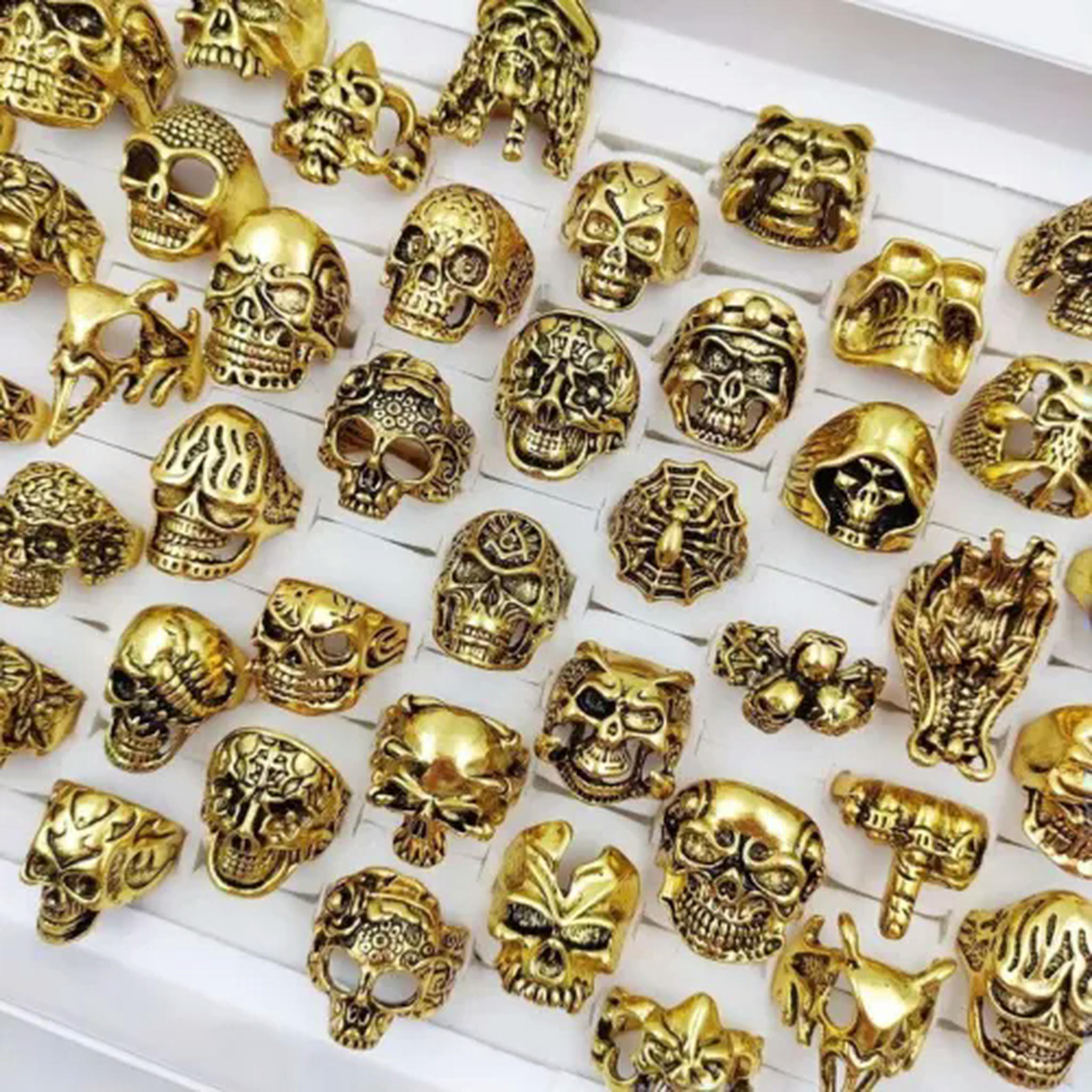 HOOUN Wholesale 100pcs Gothic Punk Skull Rings Skull Biker Vintage Charm Jewelry Gifts-20pcs Opp Bag-golden