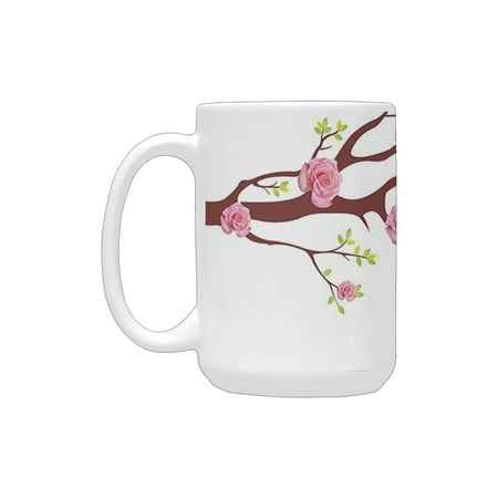 

Flying Birds Decor Blossomed Roses and Flying Love Birds with Hearts and Cage Couple Decorative Pink Ceramic Mug (15 OZ) (Made In USA)
