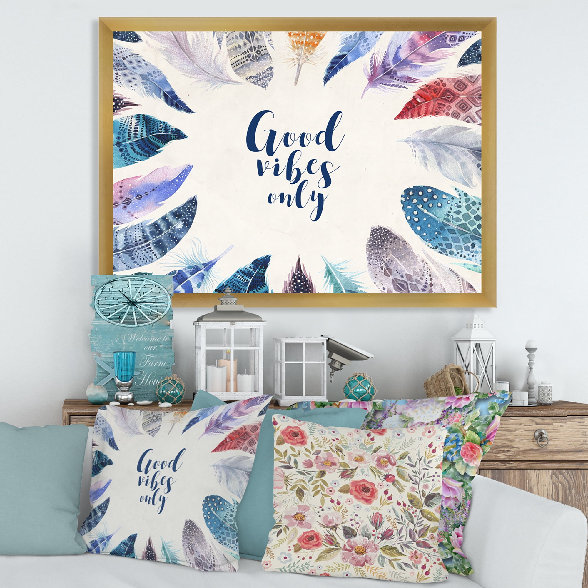 Designart 'Good VIbes Only Under Vibrant Blue Feathers' Bohemian & Eclectic Framed Art Print