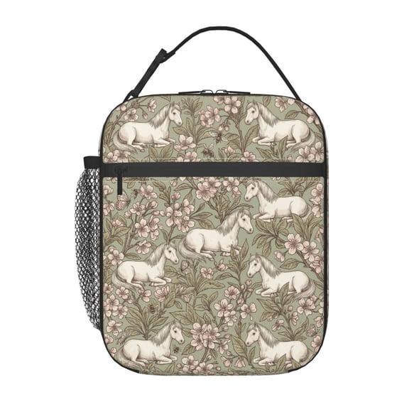 White Horse Lunch Bag Handheld Portable Reusable Cooler Tote Front Pocket Work Office Commute Daily Food Container