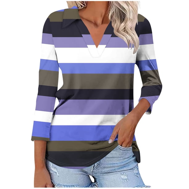 Camiseta de Solapa de Cuello en V de la Manga Superior de 3/4 de las Mujeres, Uso Diario Cómodo Casual