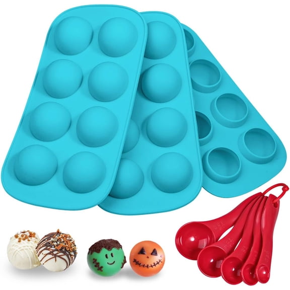 Silicone Chocolate Candy Molds, Round Sphere Baking Molds for Cordial Truffle, Jello Pudding Ball Ice Cube Peanut Butter, Set of 3, Bonus Filling Scoop Set