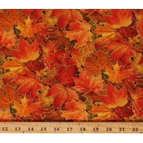 Cotton Fall Leaves Golden Orange Red Gold Metallic Shimmer Autumn Seasons Trees Harvest Time Cotton Fabric Print by the Yard (M613MULTI)