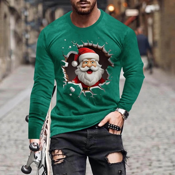 Blusas y camisas de manga larga con cuello redondo para hombre Blusa de manga larga con cuello redondo y estampado navideño para hombre Blusa de poliéster para hombre