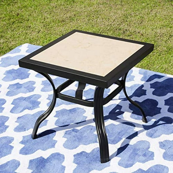 LOKATSE HOME 21" Outdoor Square Patio Dining Table Metal Steel Legs with Ceramics Top