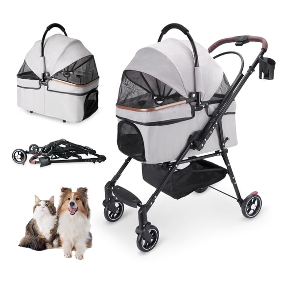 Foldable Pet Stroller with 360-Degree Rotating Wheels and Adjustable Canopy, Dog and Cat Travel Carrier with Storage Basket, Grey