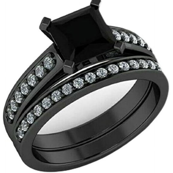 Dazzlingdaimonds Jewels Women's 2.20 Ct Princess Cut Black Diamond Engagement Wedding Thanksgiving Christmas Bridal Ring Set 14K Black Gold Plated 925 Sterling Silver -6.5