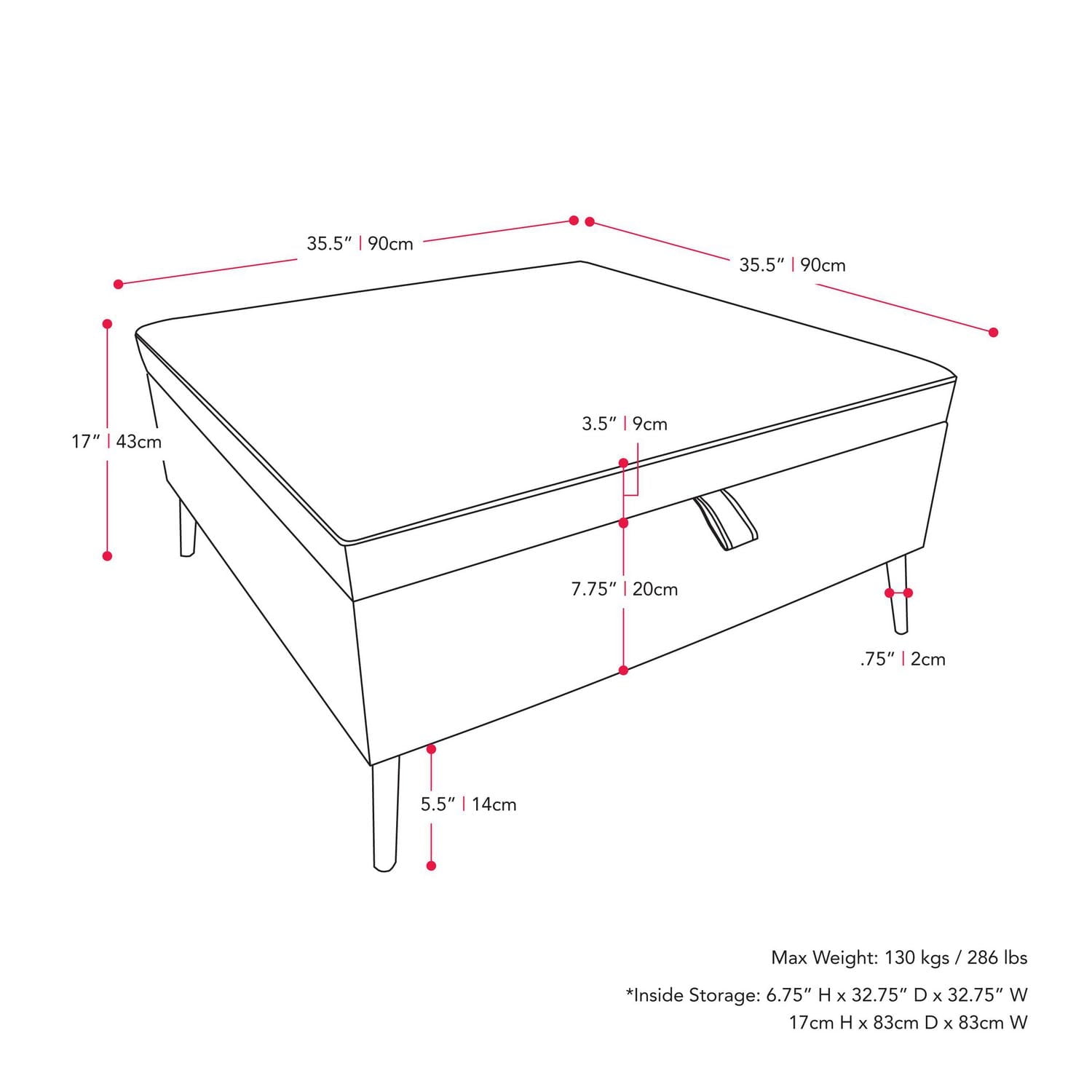 Pouf de rangement carré rembourré noir CorLiving Linden avec pieds en métal