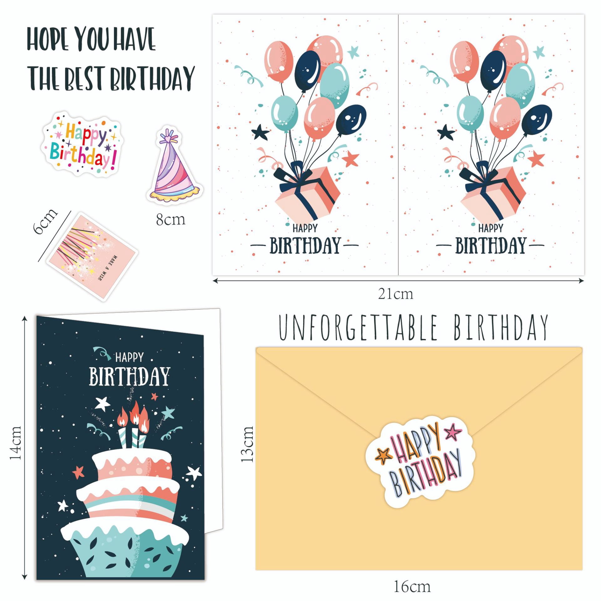 Birthday Cards with Envelopes and Stickers, Bulk Greetings Cards Perfect for Adults Children (24 Cards, 24 Envelopes, 2 Sheet Stickers)