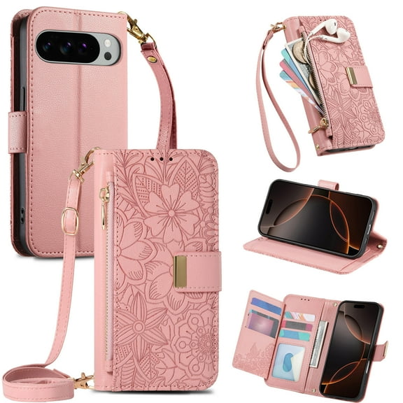 Crossbody For Google Pixel 10 Pro XL Wallet Case with RFID Blocking Card Holder,Magnetic Clasp Premium PU Leather Flip Kickstand Zipper Slot Handbag Women Shoulder/Wrist Strap Phone Case,Rosegold