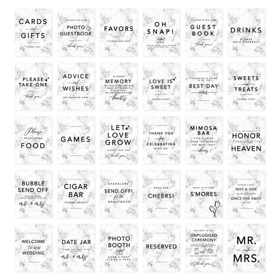 Koyal Wholesale Marble Design Wedding Signs Bundle Set for Ceremony, Reception Decor Signage, 8.5 x 11", 30-Pack