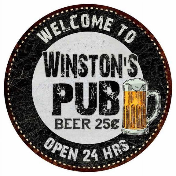 Winston's Pub 14" Round Metal Sign Beer Bar Black Wall Decor Gift 100140039455