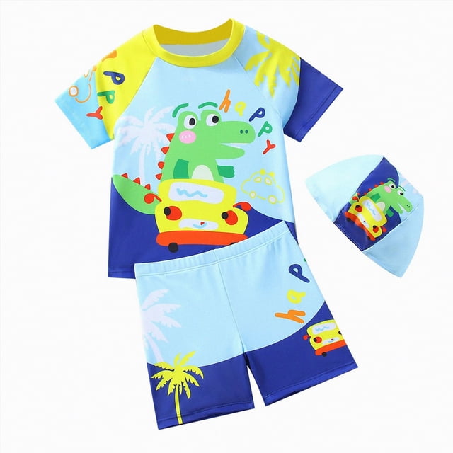 Curenmufel Boys Rashguard Swim Set Swim Suits Rash Guard Bathing Suit Set 2 Pcs Holiday Size 6-7 Years (Green,6-7 Years)
