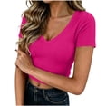 thumbnail image 2 of Ayolanni Y2K Womens Blouses V-Neck Solid Short Sleeve Blouse Fitted Crop Shirts Womens Spring Tops Pink M, 2 of 8