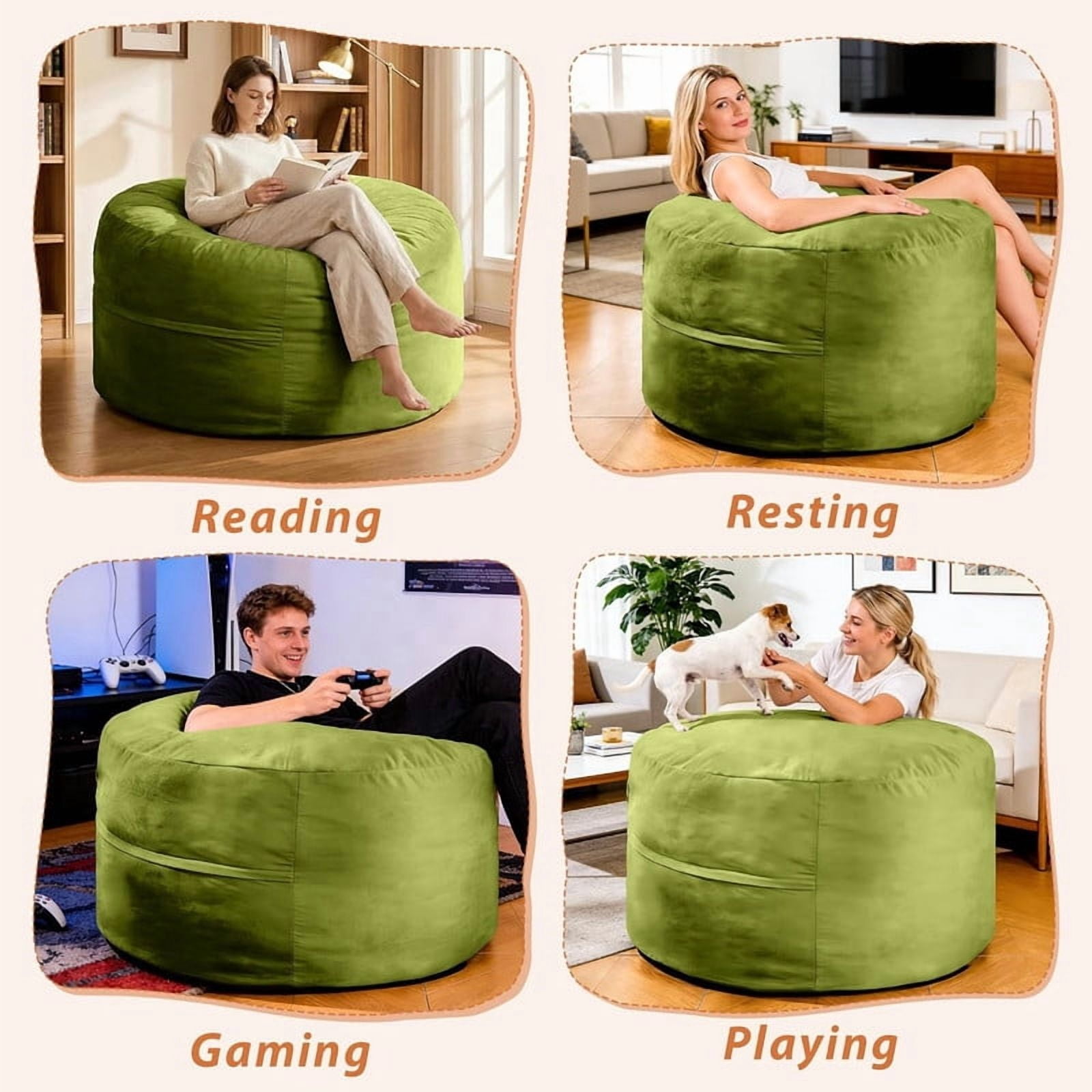 MOOSENG 4FT Bean Bag Chair, Comfy Bean Bag for Adults & Kids, Fluffy Large Bean Bag Sofa with Removable Cover & Side Pocket for Living Room, Gaming, Playroom