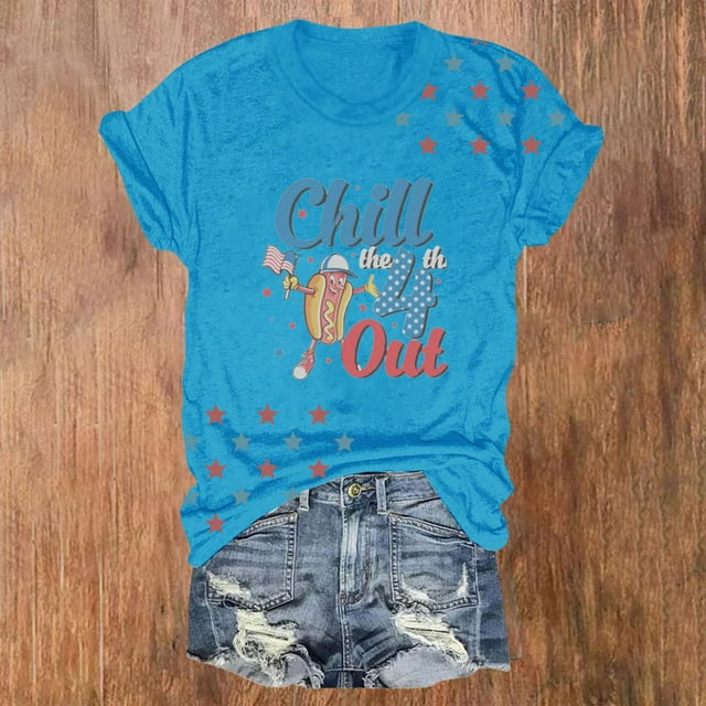 Hauts d'Été pour Femmes, Tenues T-Shirts 4 Juillet 2024, T-Shirt Col Rond Imprimé Jour de l'Indépendance Bleu