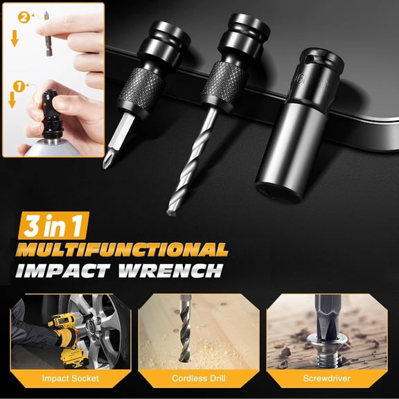 3-in-1 Cordless Impact Gun - Wrench, Driver & Drill Compatible with DeWalt 20V |   1/2" 880N·m (649 ft-lbs) Brushless Motor |   3-Speed with 32-PC Kit & LED for Car, Truck, RV Maintenance