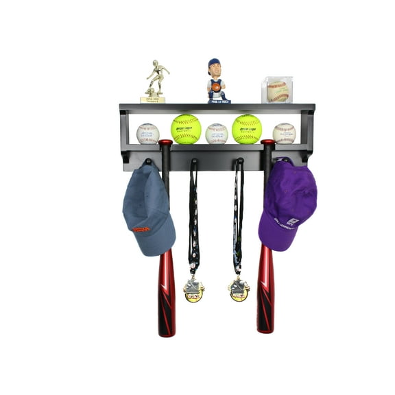 MedalAwardsRack Premier Baseball and Softball All in 1 Trophy Shelf Display- Baseball Bat Holder and Bat Rack for Balls, Bats, Gloves, Medals, Awards, and Trophies. (Black)