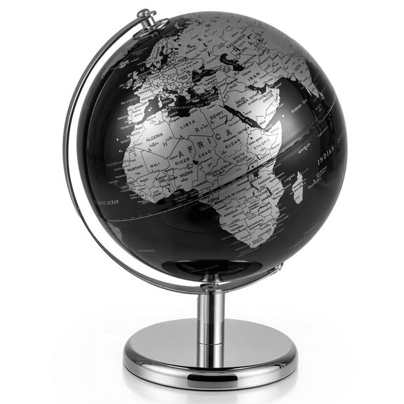 Gymax Metallic Black World Globe 8-Inch Rotating Earth Globe Metal Stand Teaching Gift Silver