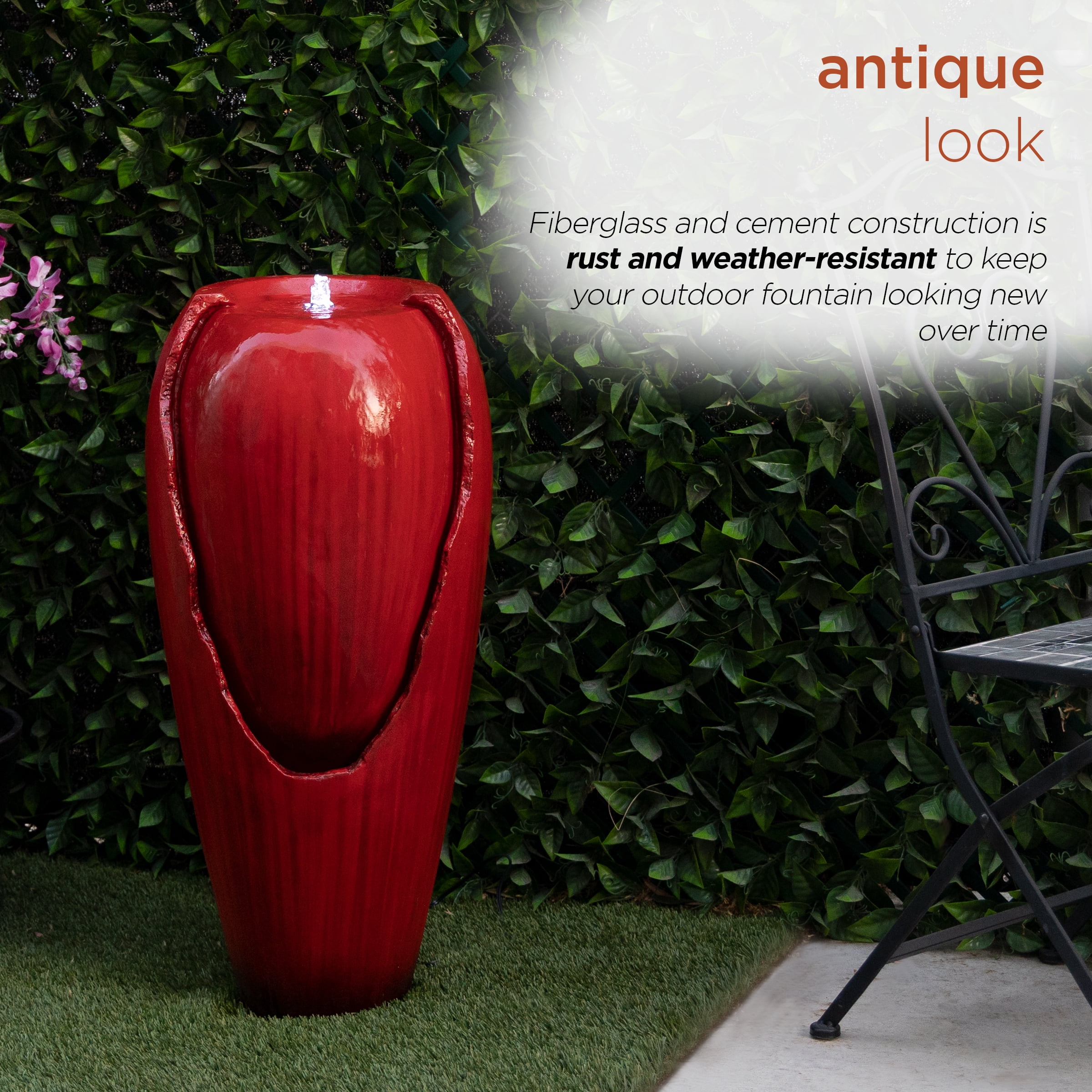 Alpine Corporation DIG100XS-RD Outdoor Floor Antique Jar Water Fountain with LED Lights, Vintage Light Waterfall, 33", Red
