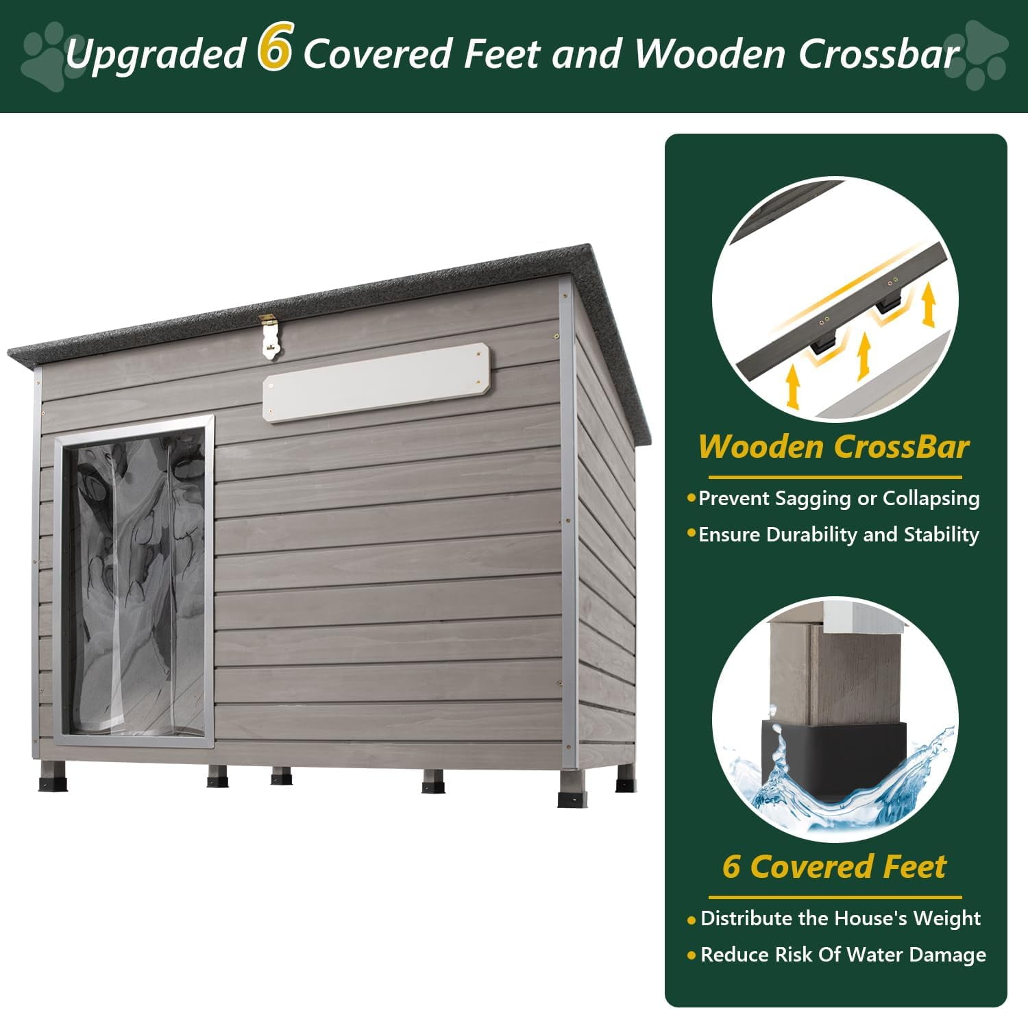 PETSCOSSET Outdoor Dog House - Waterproof Roof and Raised Feet - Gray