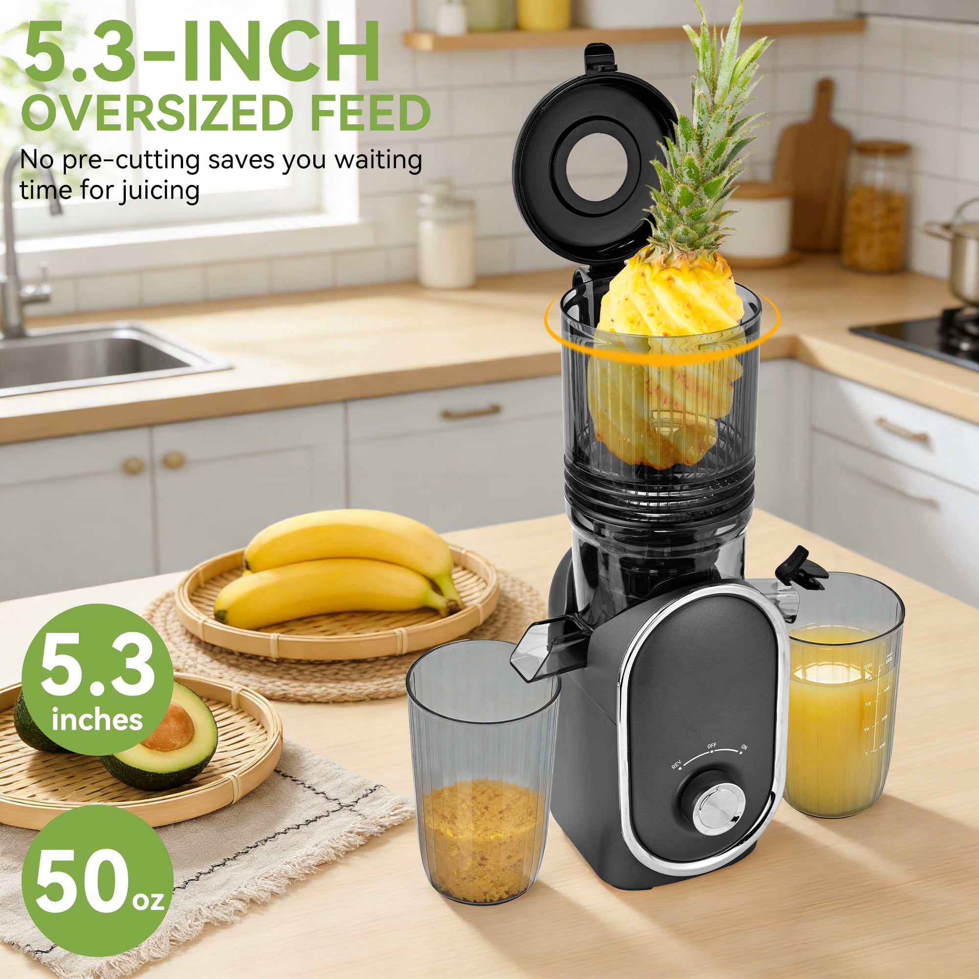 Pukomc Slow Juicer - 300W Cold Press Juicer with 5.3" Wide Chute, One-Touch Operation & Auto Stop, High Juice Yield, Easy Clean, Includes Juice & Pulp Cups(Silver Gray)