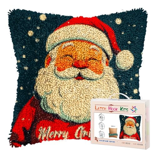 DIY Latch Hook Pillow Kits for Adults Merry Christmas Santa Claus Printed Pillowcase Crochet Yarns Hooking Handmade Pillow Cover Cushion for Home Sofa Decoration 17x17inch(3)