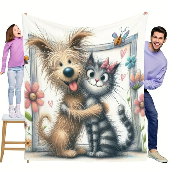 Cartoon Cat And Dog Cute Fun Print Flannel Blanket Soft Warm Cozy Skin-friendly Blanket For Sofa Bed Car Camping Office Home Decor Gift Blanket For All Seasons-Knit Fabric