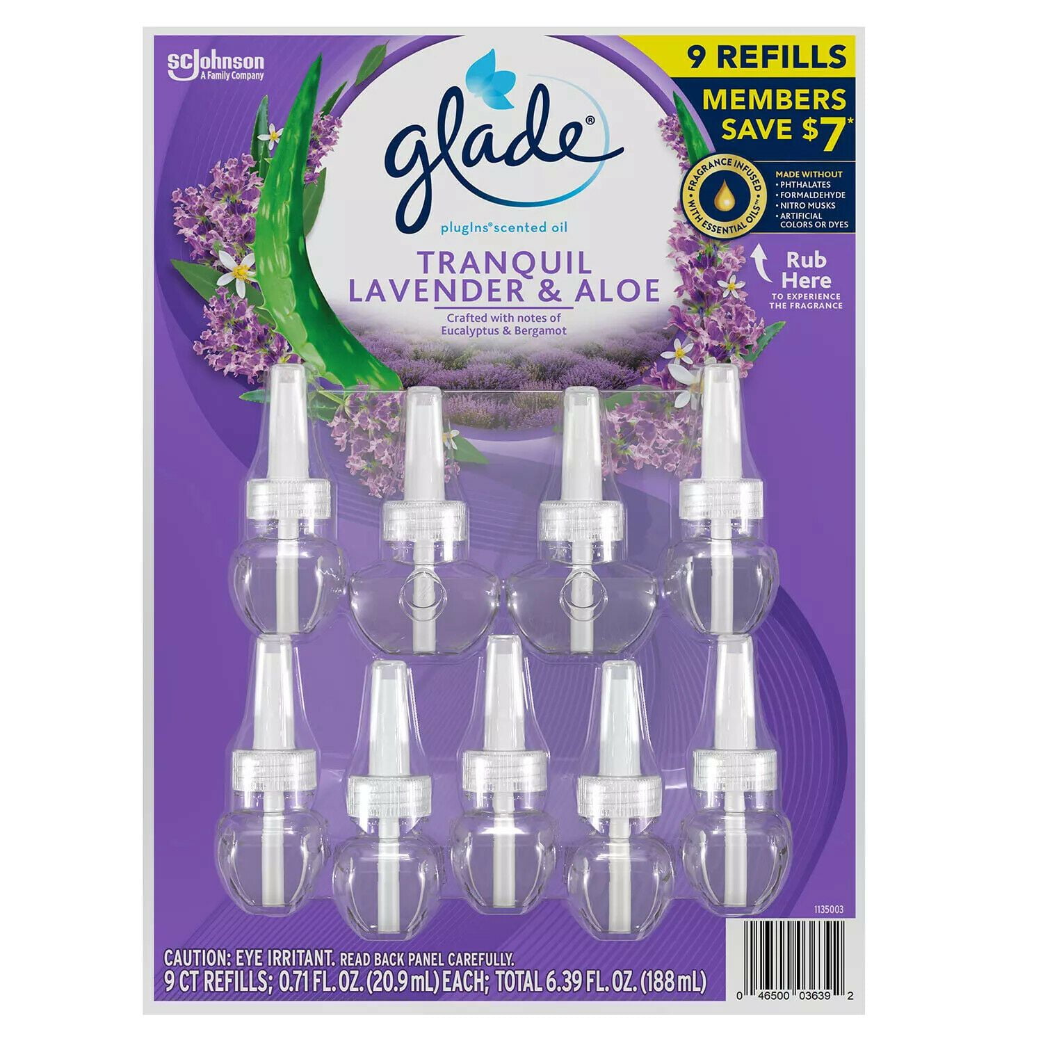 GLADE PlugIns Scented Oil Refill, Essential Oil Infused Wall Plug In (6.39 fl. oz., 9 ct.) In Tranquil Lavender & Aloe