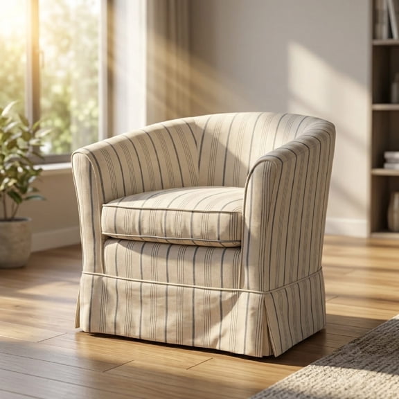 Modern 360° Swivel Accent Chair, Fabric Upholstered Barrel Club Chair, Comfy Reading Armchair with Removable Cushion, Beige/Blue Stripe Chair for Living Room Bedroom Office