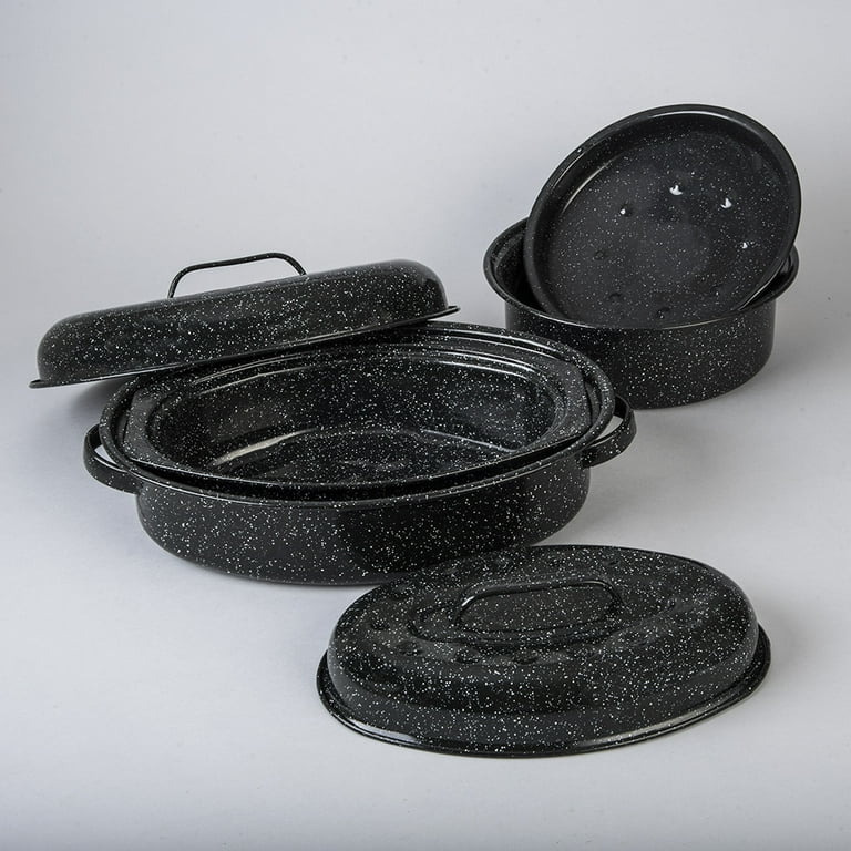 Granite Ware Enamel Roasting Set Oval 13 in 15 in Round 3 lb. Roaster Speckled Black Dishwasher Safe Walmart