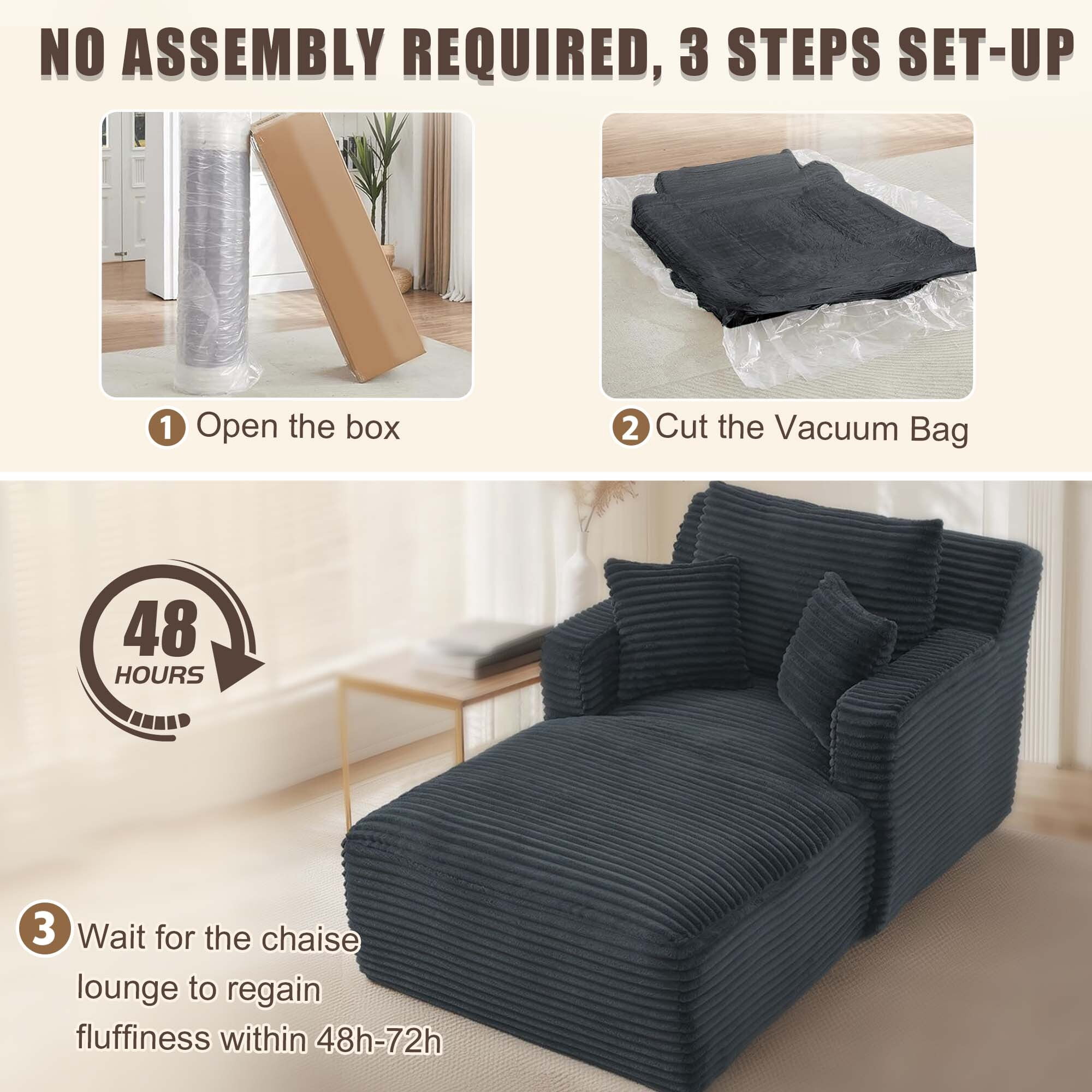 Kosynda 65"D Oversized Chaise Lounge Chair Indoor, Corduroy Upholstered Boneless Sofa Bed with 3 Pillows for Living Room, Gray