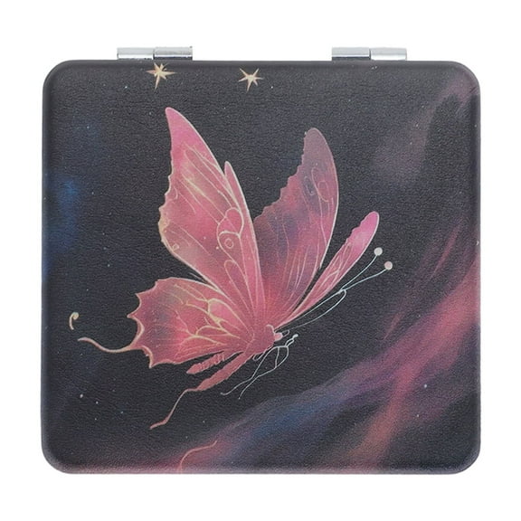 Unique Bargains 1 Pc Fashion Butterfly Makeup Mirror for Travel Vacation Black Pink PU Stainless Steel Glass