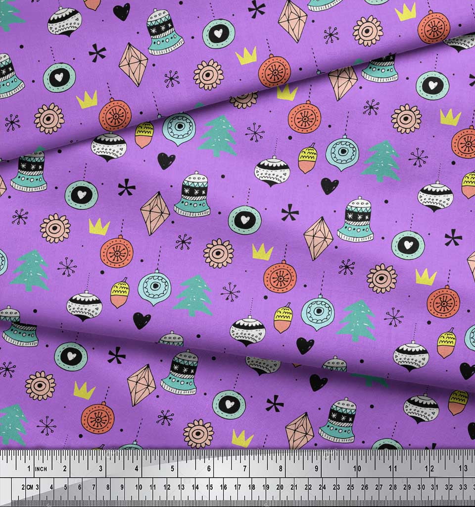 Soimoi Purple Poly Georgette Fabric Tree & Ornament Christmas Print Sewing Fabric Yard 42 Inch Wide